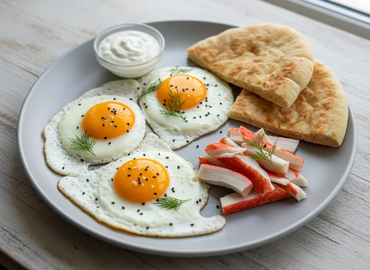Breakfast plate with fried eggs, crab sticks, and flatbread photo