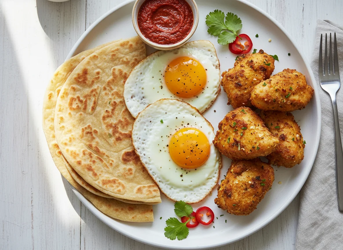 Breakfast plate with fried eggs, flatbread, and fried chicken pieces photo