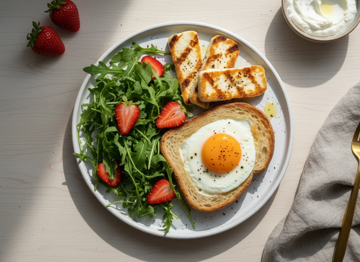 Breakfast plate with fried eggs, halloumi, rocket, and strawberries photo