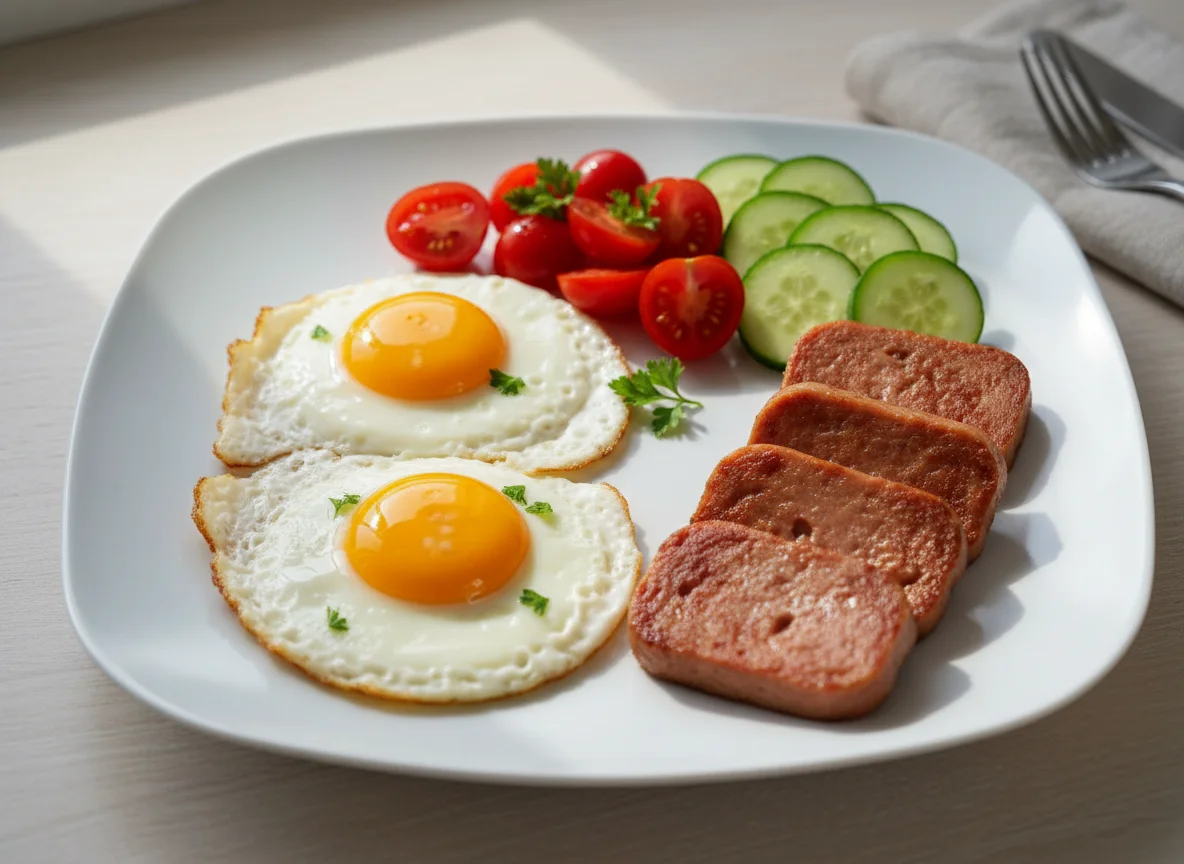 Breakfast Plate with Fried Eggs, Luncheon Meat, and Vegetables photo