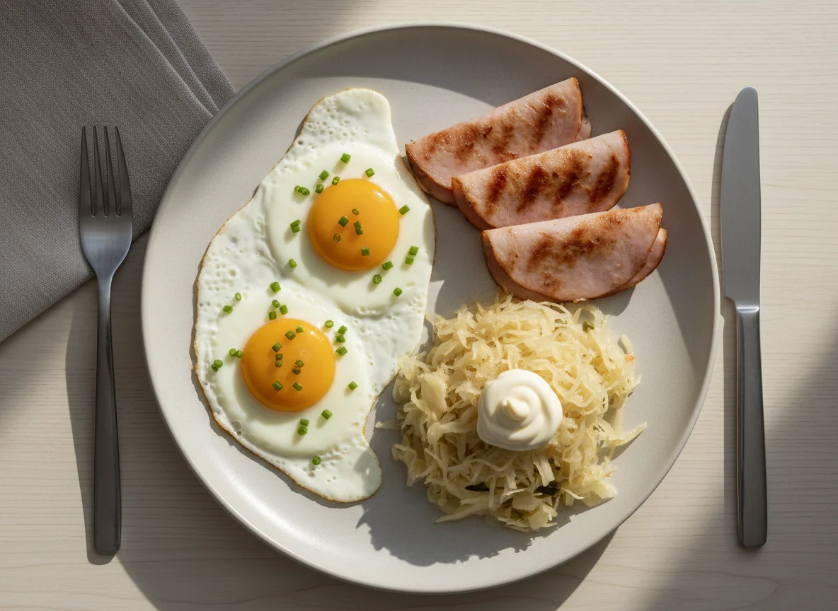 Breakfast Plate with Fried Eggs, Turkey Ham, and Sauerkraut photo