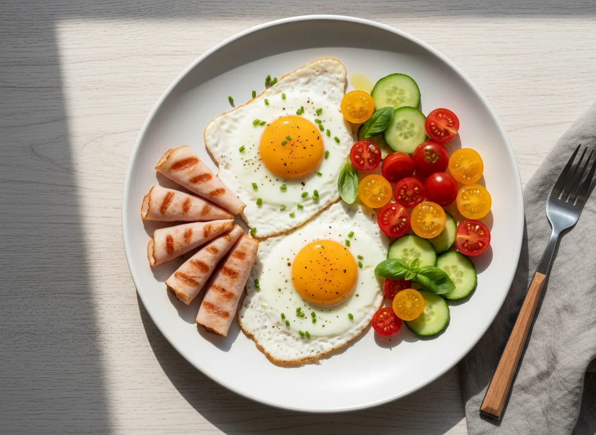 Breakfast Plate with Fried Eggs, Turkey Ham, and Vegetables photo