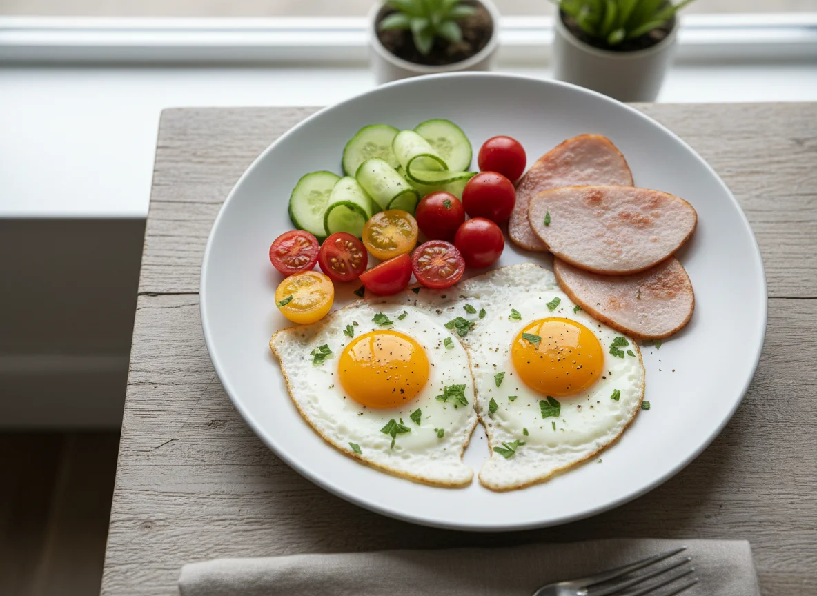 Breakfast Plate with Fried Eggs, Turkey Ham, Tomatoes, and Cucumber photo