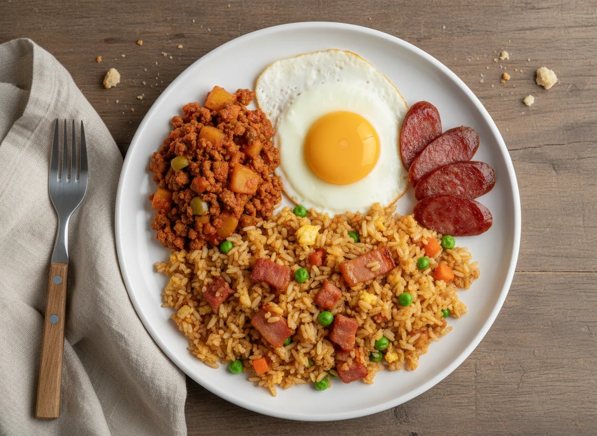 Breakfast Plate with Fried Rice, Egg, and Cured Meat photo