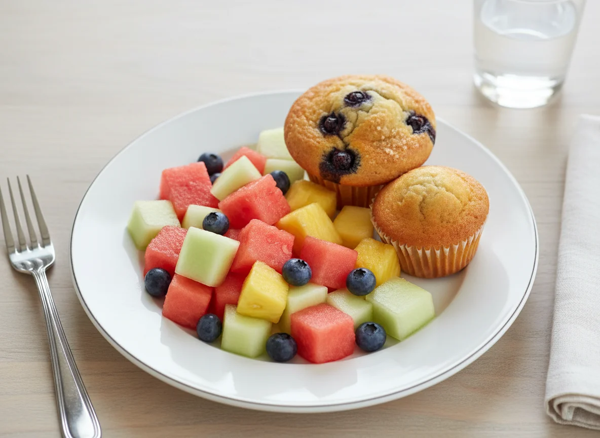 Breakfast plate with fruit and muffins photo
