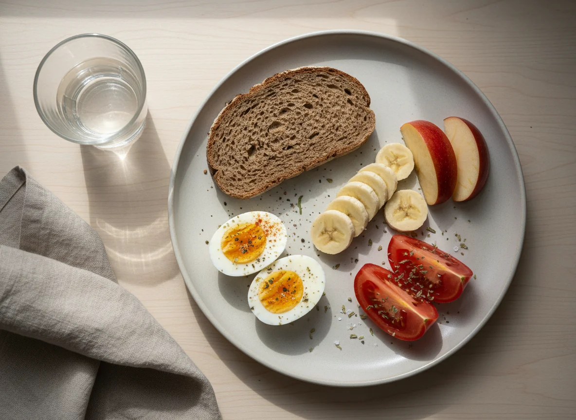Breakfast plate with fruit, eggs, bread, and tomato photo