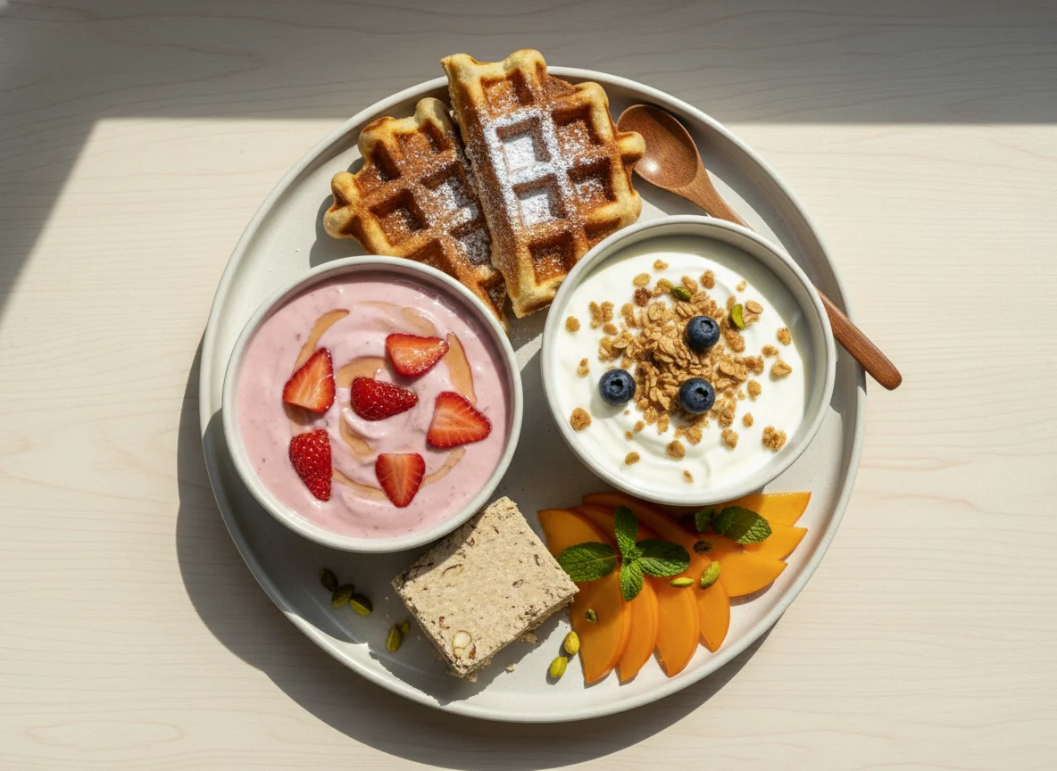 Breakfast plate with fruit, waffle, halva, and yogurts photo