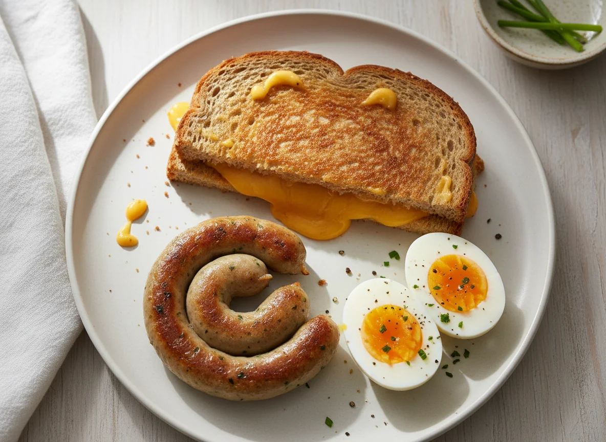 Breakfast Plate with Grilled Cheese, Sausage, and Boiled Egg photo