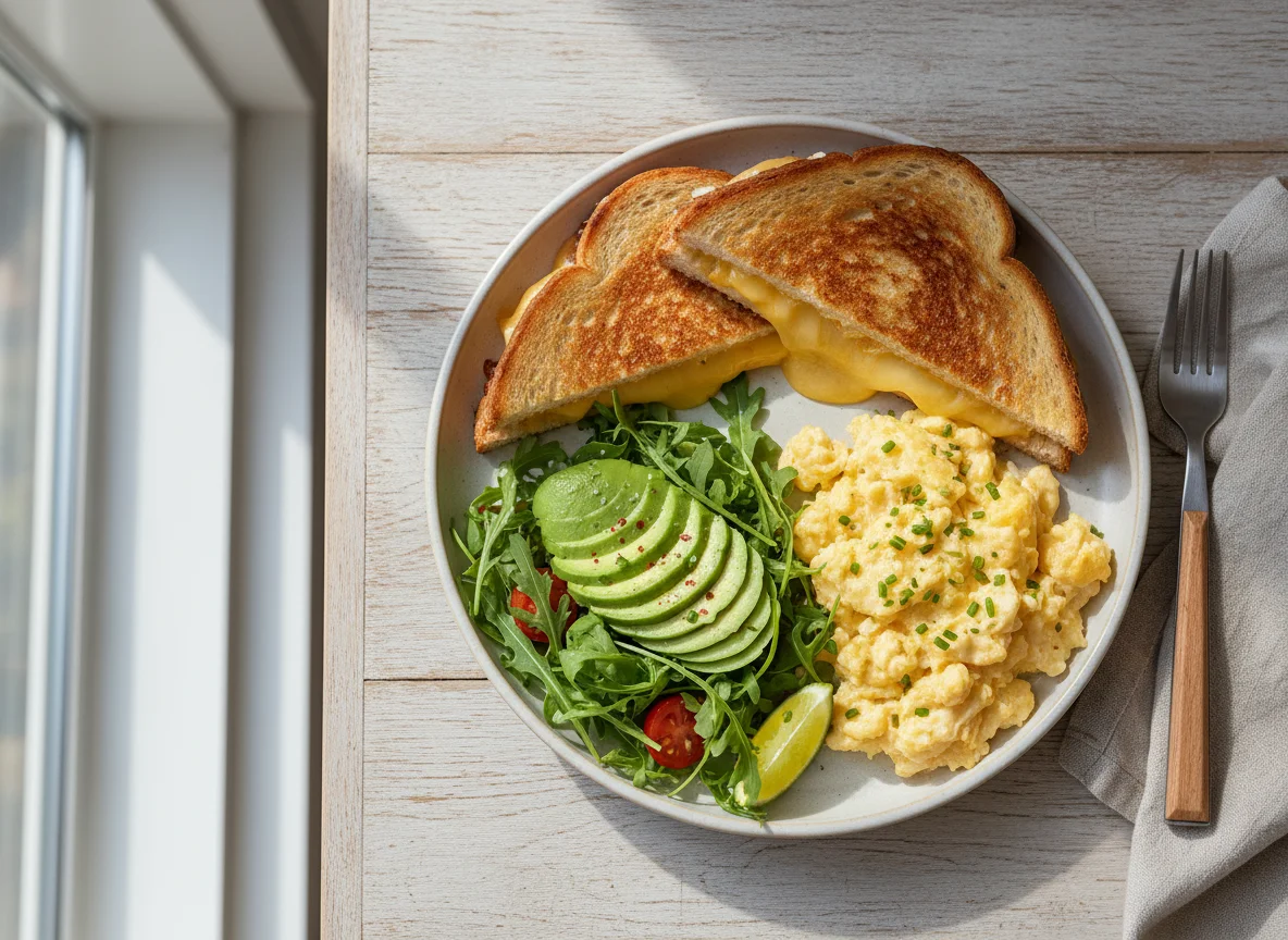 Breakfast Plate with Grilled Sandwich, Scrambled Eggs, Avocado, and Arugula photo