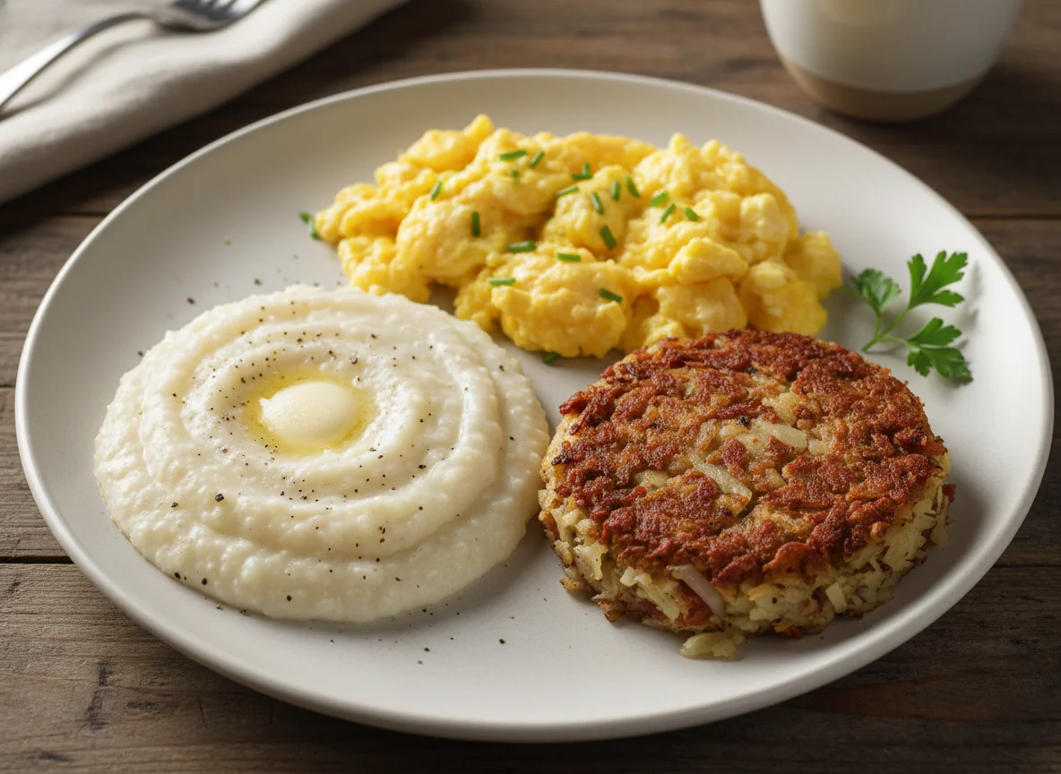 Breakfast Plate with Grits, Scrambled Eggs, and Corned Beef Hash photo