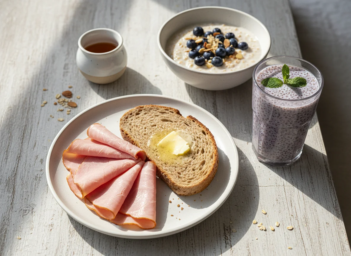Breakfast plate with ham, bread, butter, oatmeal, and chia drink photo