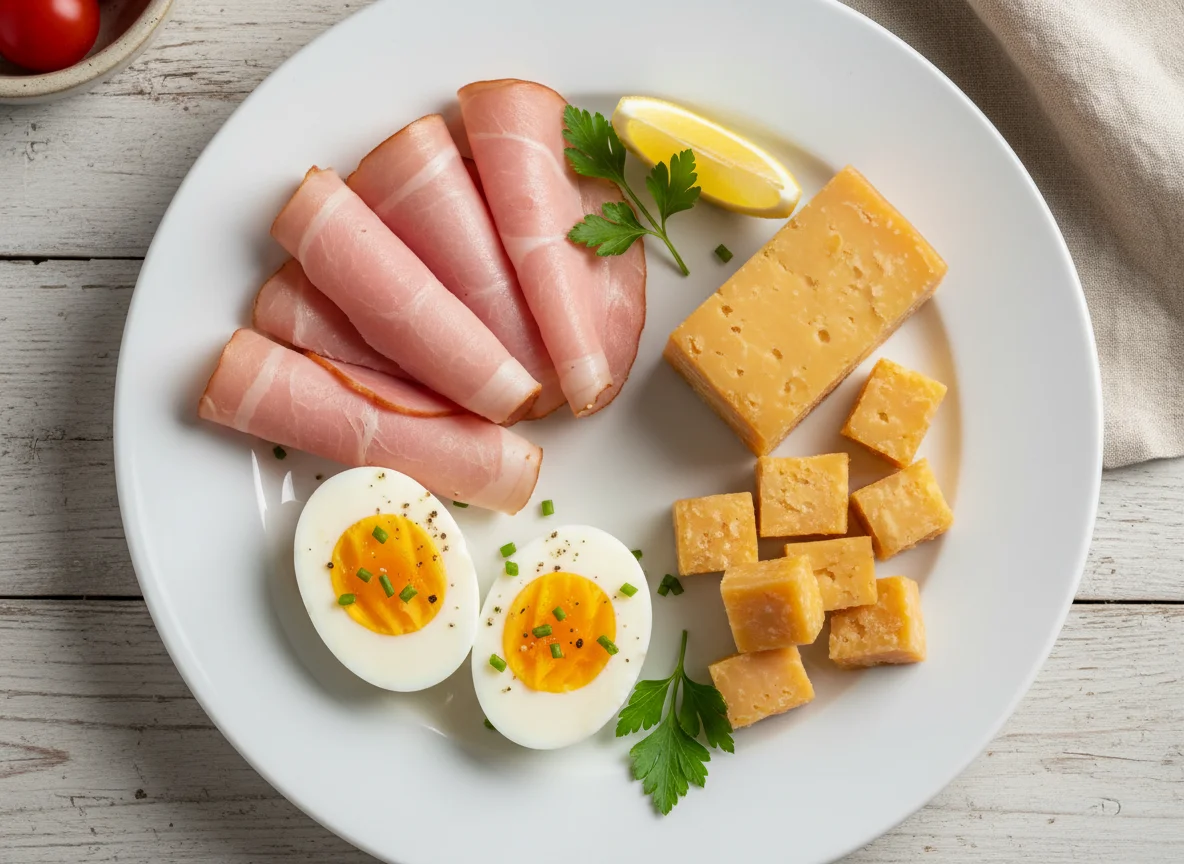 Breakfast plate with ham, cheese, and eggs photo