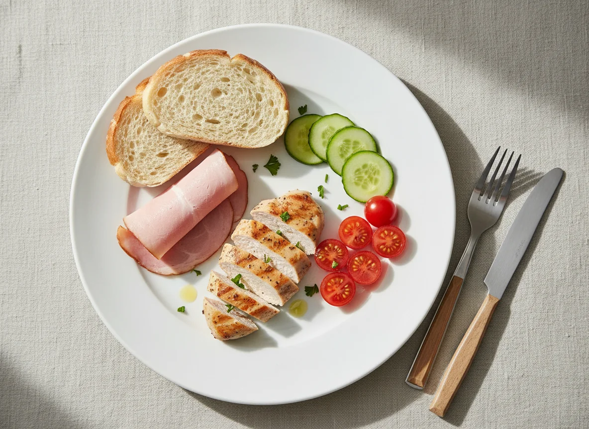 Breakfast plate with ham, chicken, vegetables, and bread photo