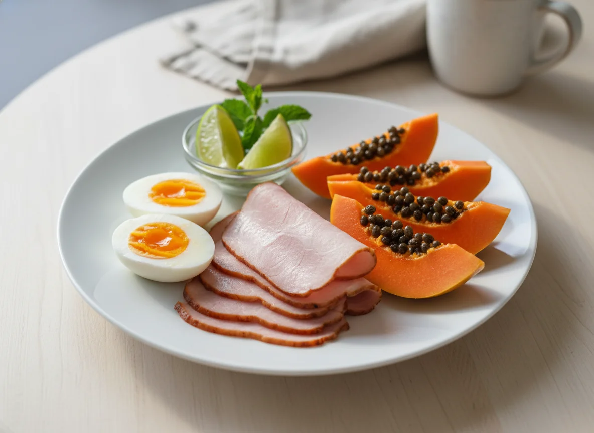 Breakfast plate with ham, eggs, and papaya photo