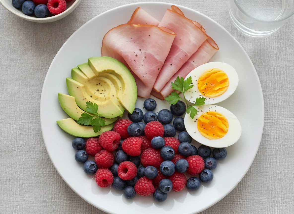 Breakfast plate with ham, eggs, avocado, and berries photo