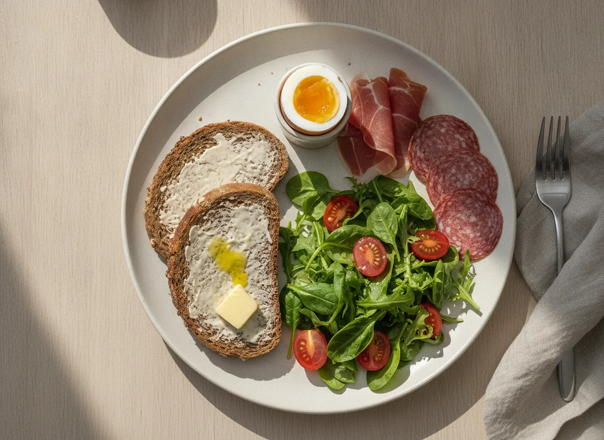 Breakfast plate with ham, salami, egg and salad photo