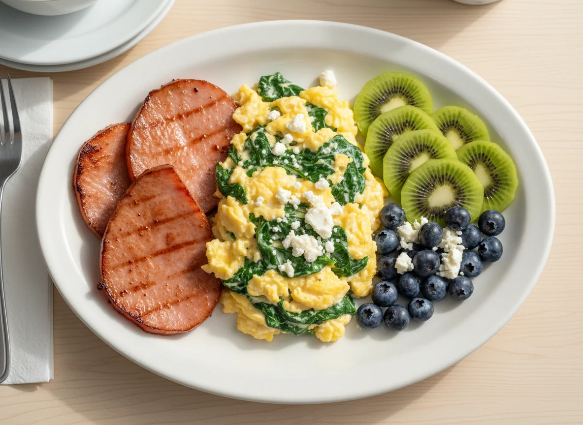 Breakfast Plate with Ham, Scrambled Eggs, and Fruit photo