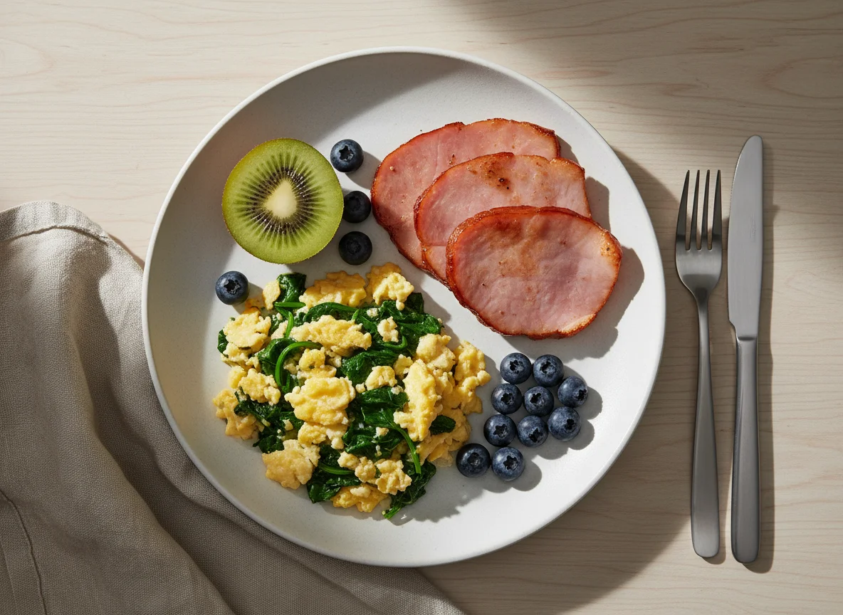 Breakfast Plate with Ham, Scrambled Eggs, Kiwi, and Blueberries photo