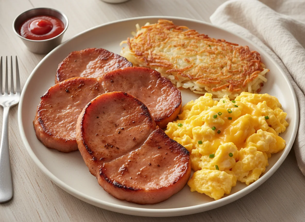 Breakfast Plate with Ham Steaks, Scrambled Eggs, and Hash Browns photo