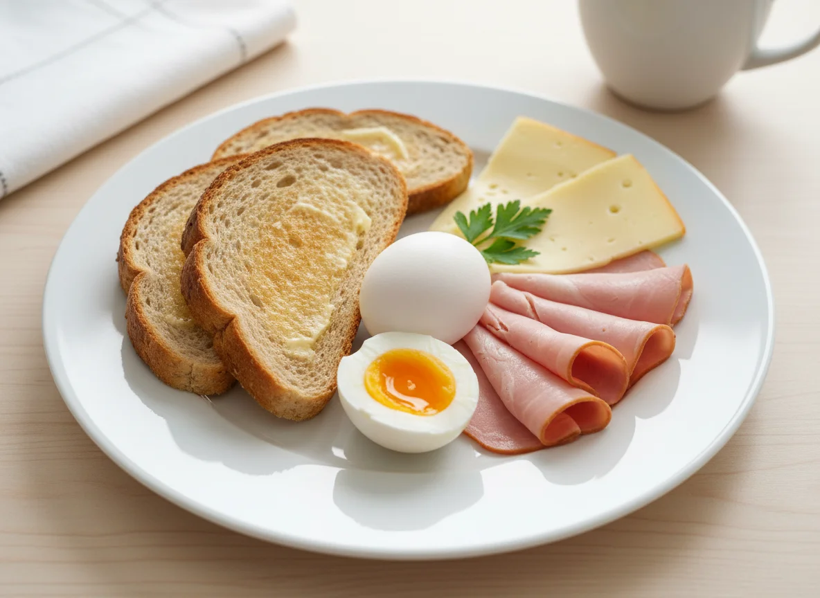 Breakfast plate with ham, toast, eggs, and cheese photo