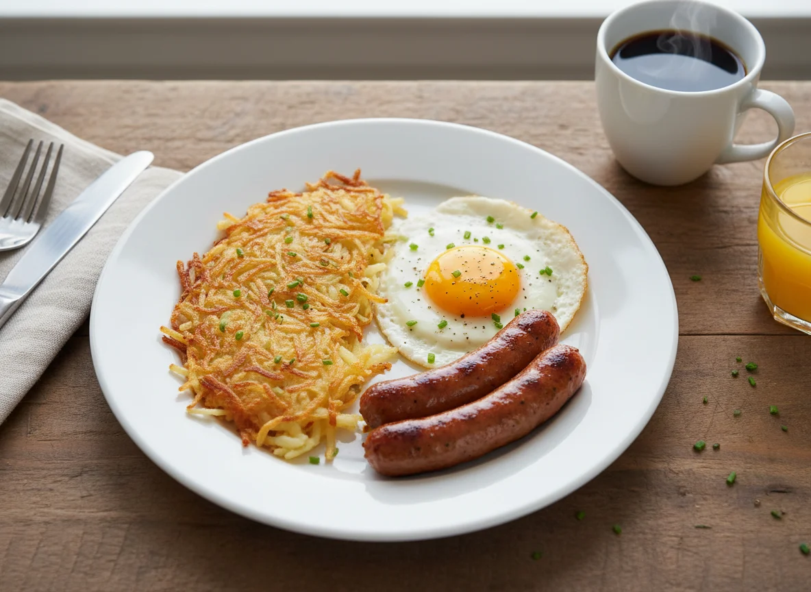 Breakfast Plate with Hash Browns, Eggs, and Sausage photo