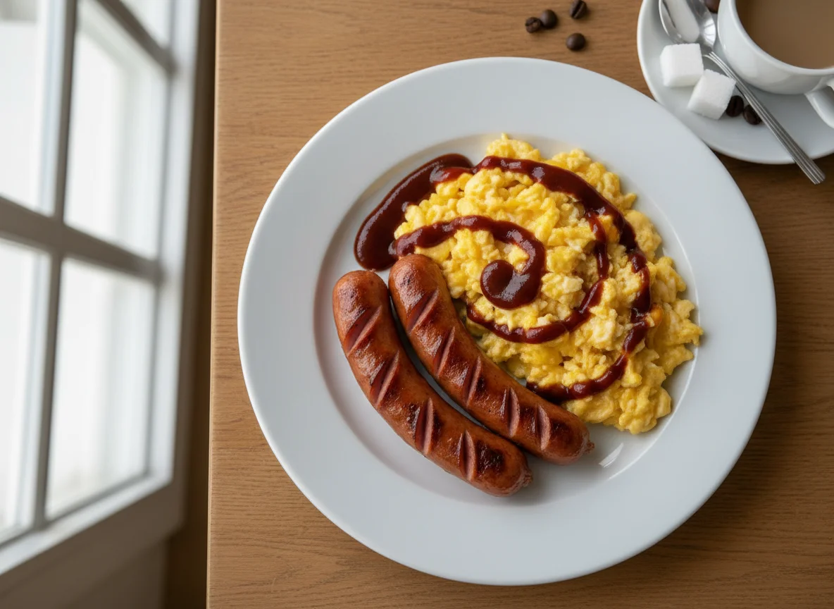 Breakfast Plate with Hot Dogs, Scrambled Eggs, Sauce, and Coffee photo