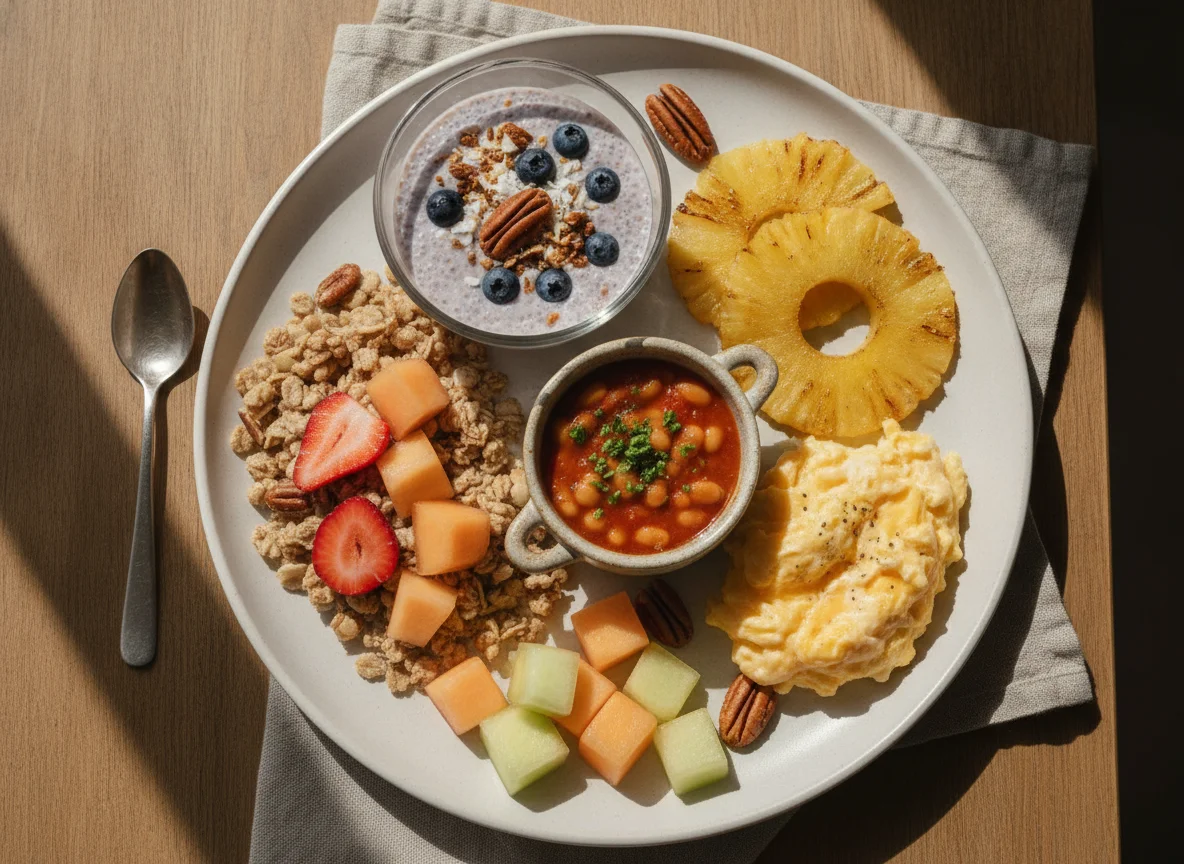 Breakfast plate with muesli, chia pudding, baked beans, and scrambled eggs photo