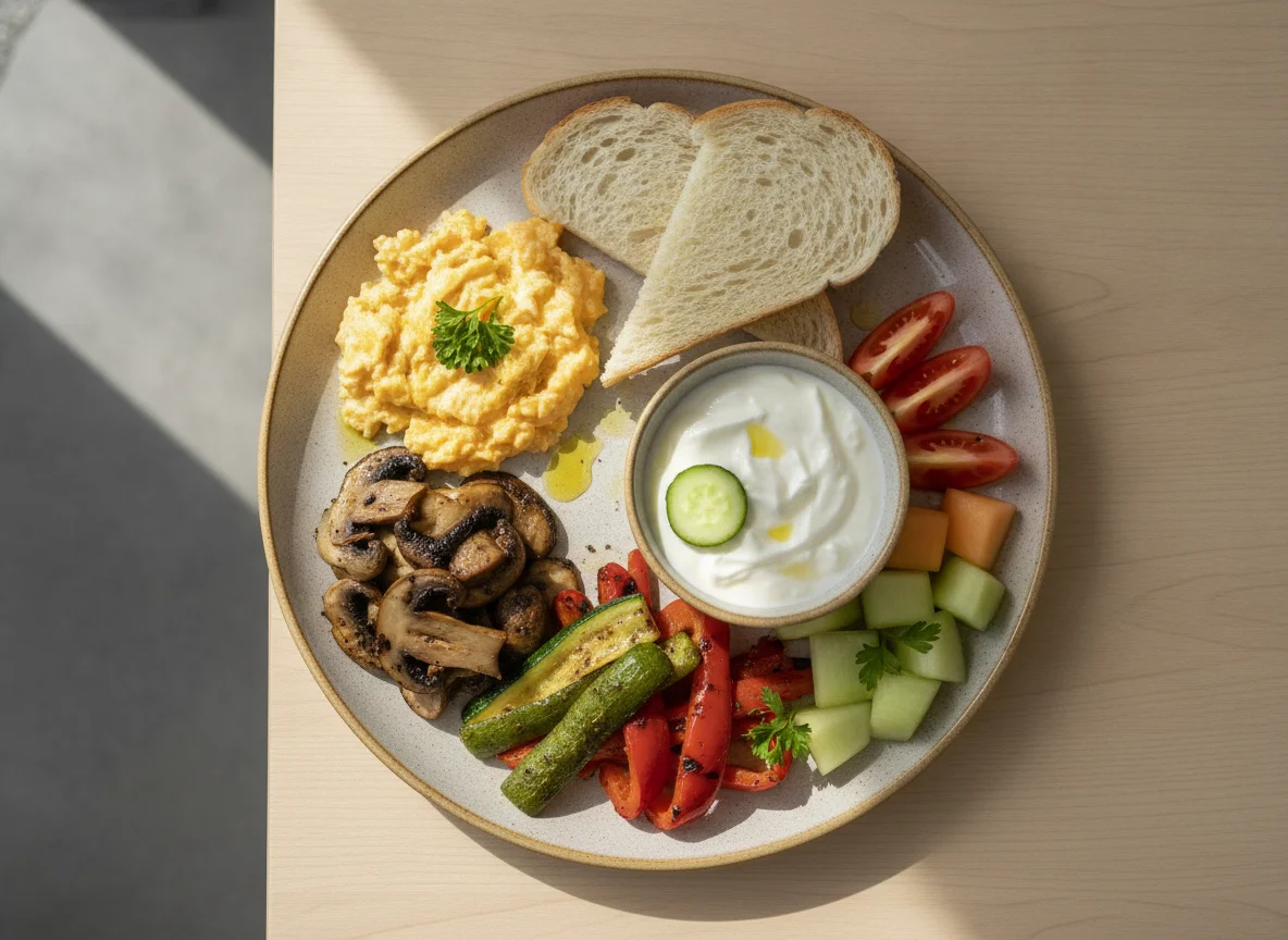 Breakfast plate with mushrooms, eggs, and yogurt photo