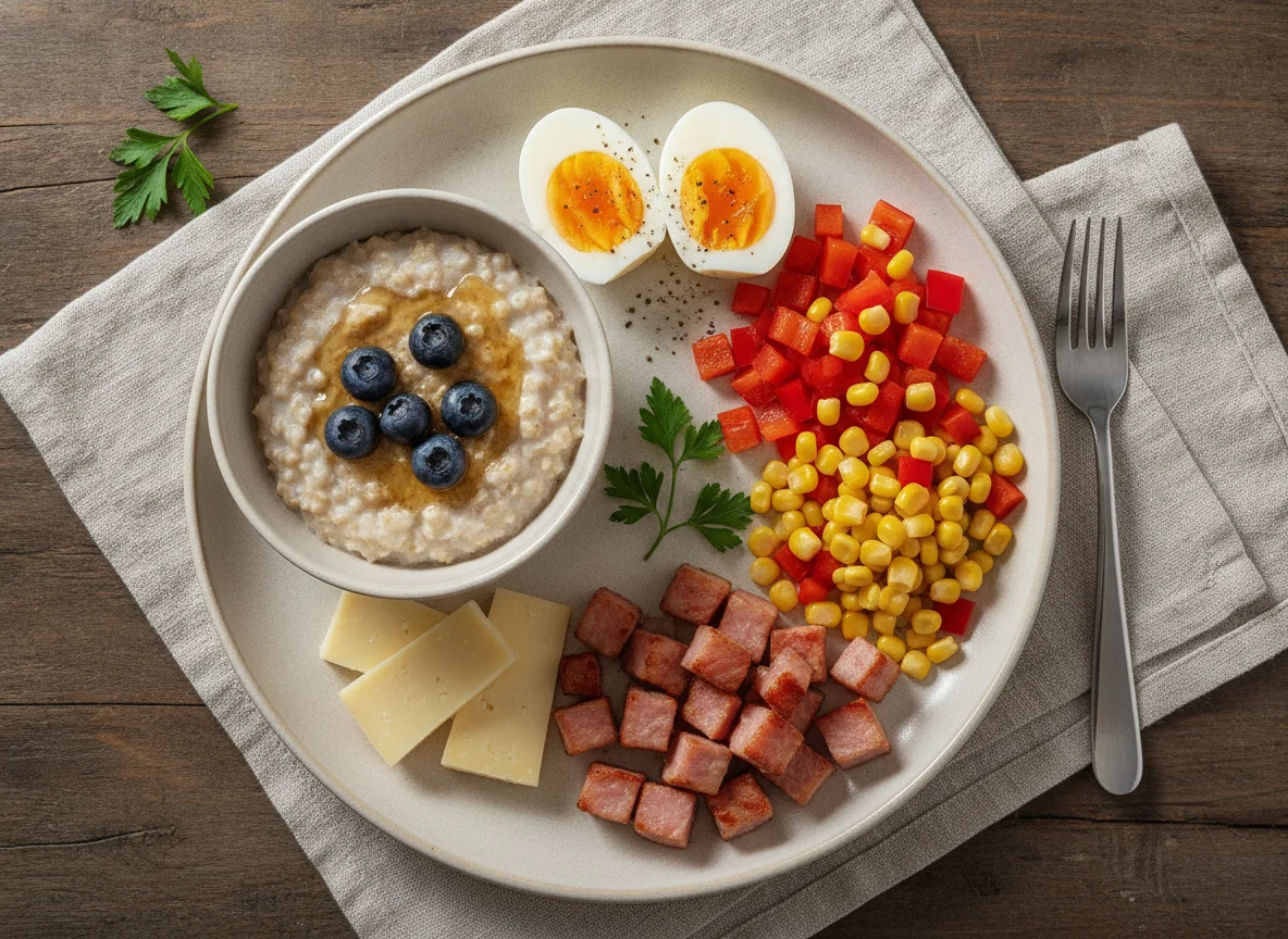Breakfast plate with oatmeal, eggs, ham, and vegetables photo