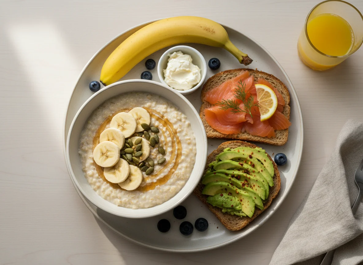 Breakfast Plate with Oatmeal, Salmon, Toast, and Banana photo