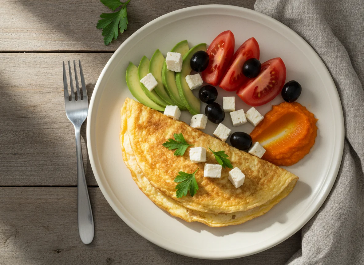 Breakfast plate with omelette and vegetables photo