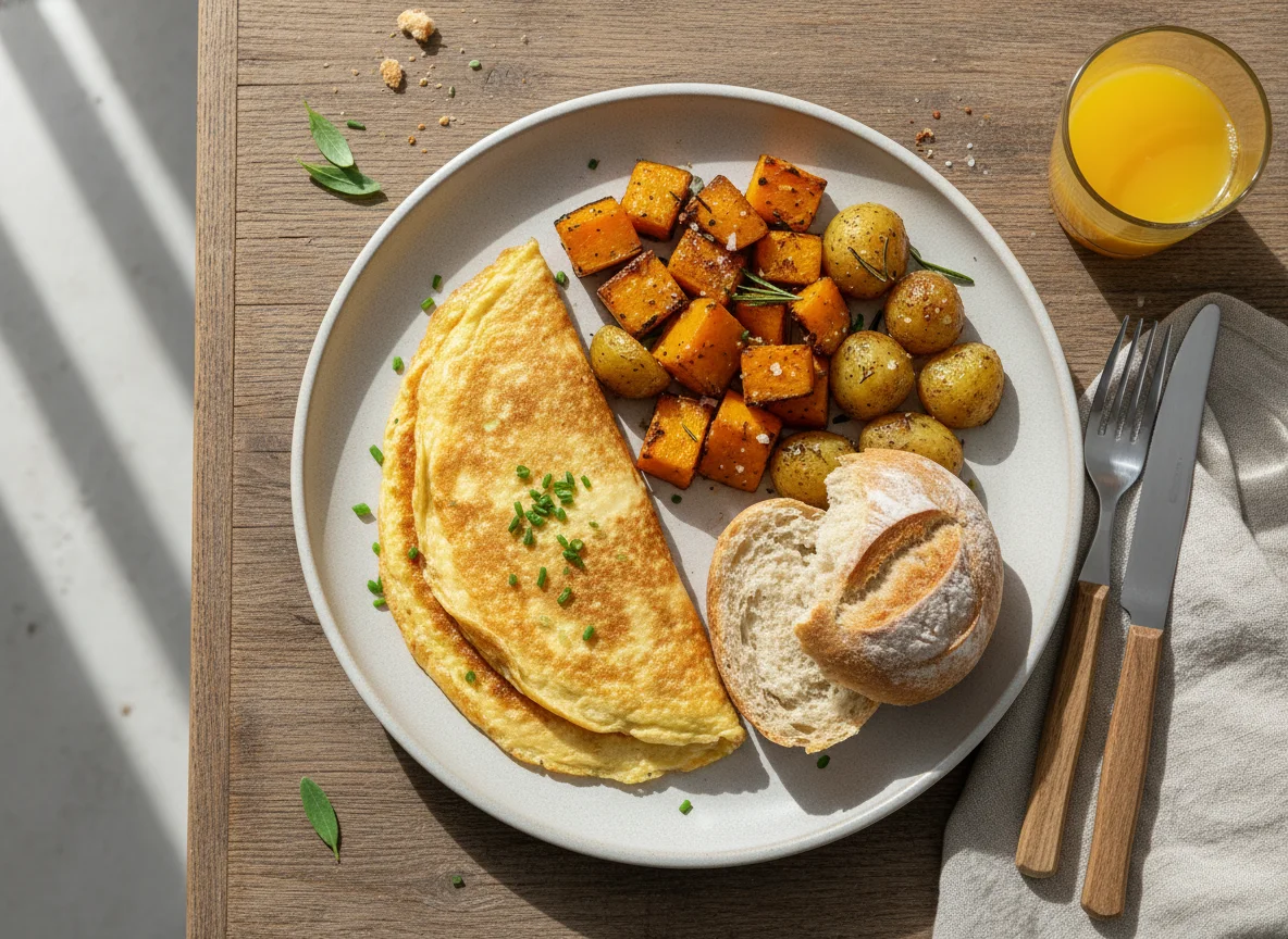 Breakfast Plate with Omelette, Bread, and Roasted Vegetables photo