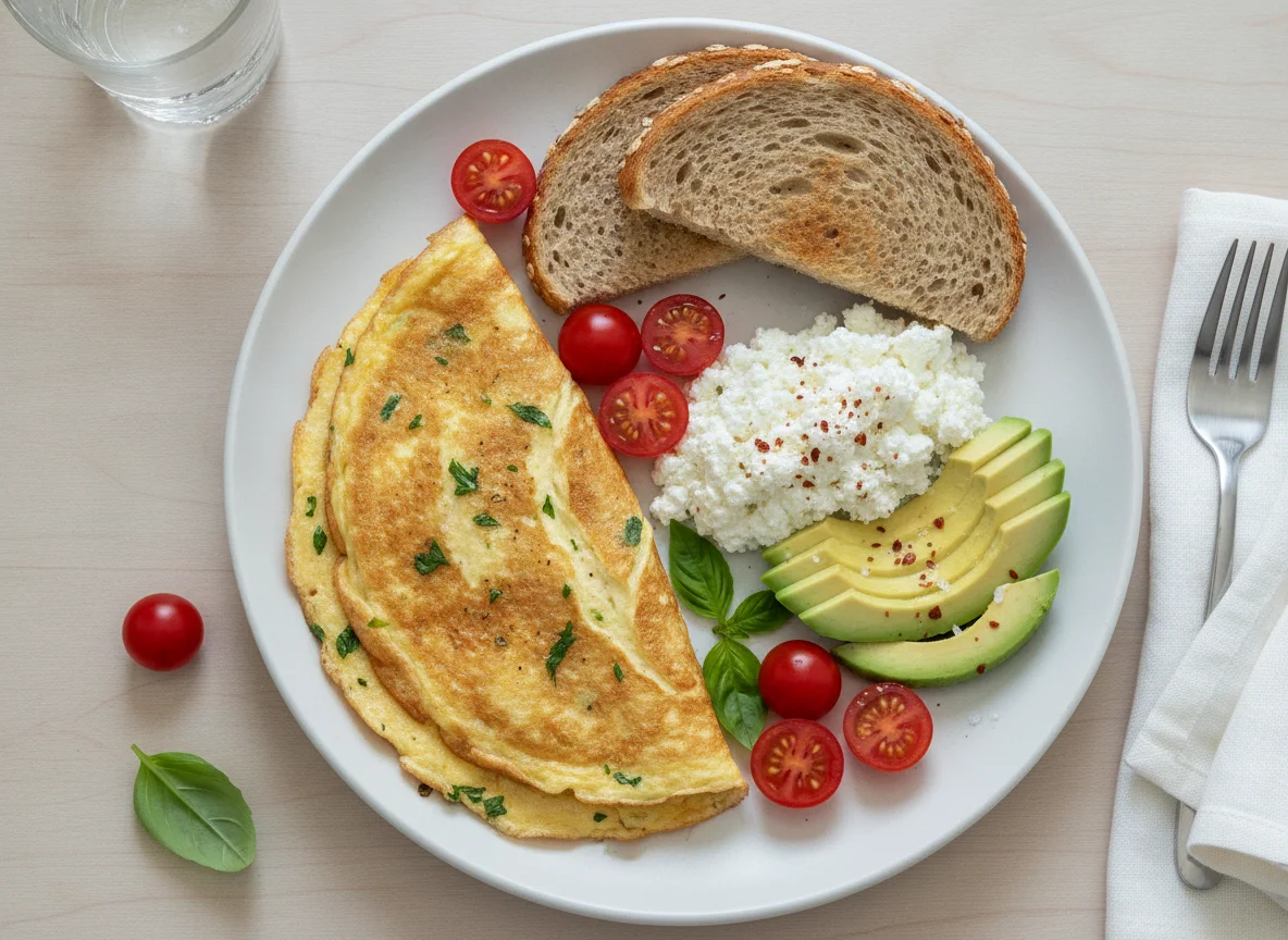 Breakfast plate with omelette, cottage cheese, avocado, and toast photo