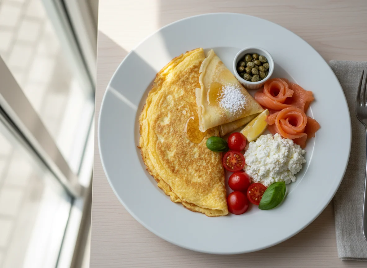 Breakfast Plate with Omelette, Crepe, Salmon, Tomatoes, and Cheese photo