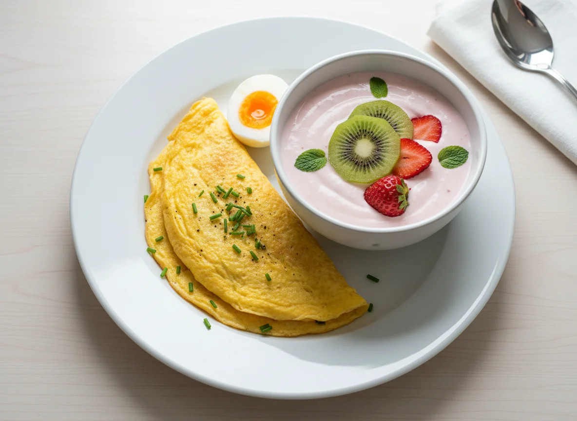 Breakfast plate with omelette, egg, kiwi, and strawberry yogurt photo
