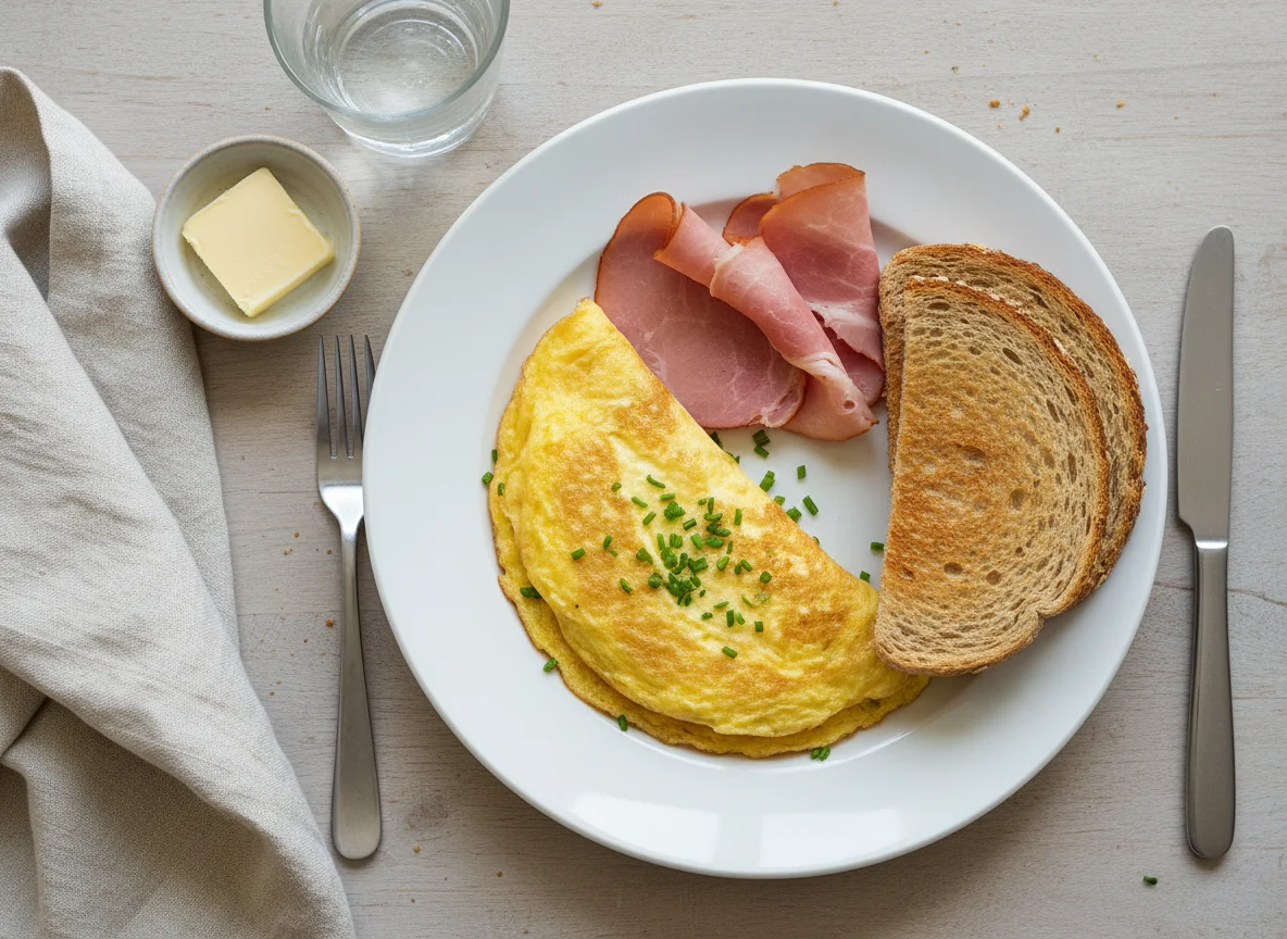 Breakfast plate with omelette, ham, toast, and butter photo