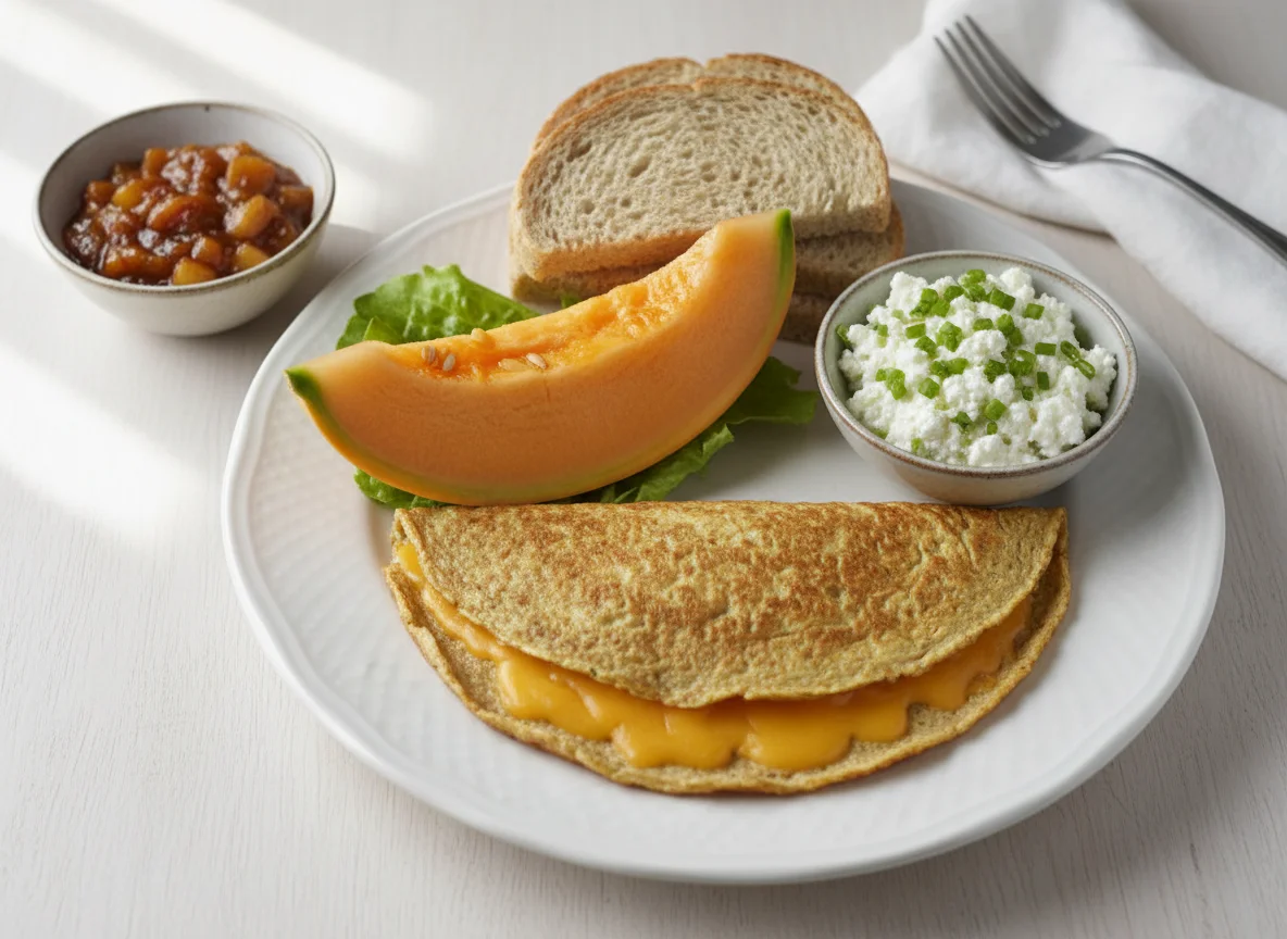 Breakfast plate with omelette, melon, and dips photo