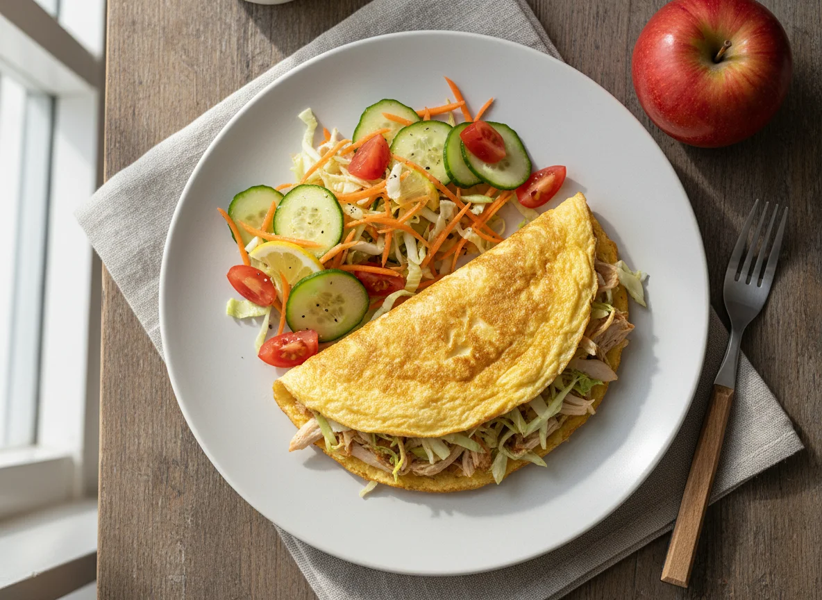 Breakfast Plate with Omelette, Salad, and Apple photo