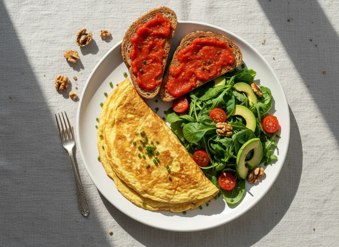 Breakfast plate with omelette, salad, avocado, toast and walnuts photo