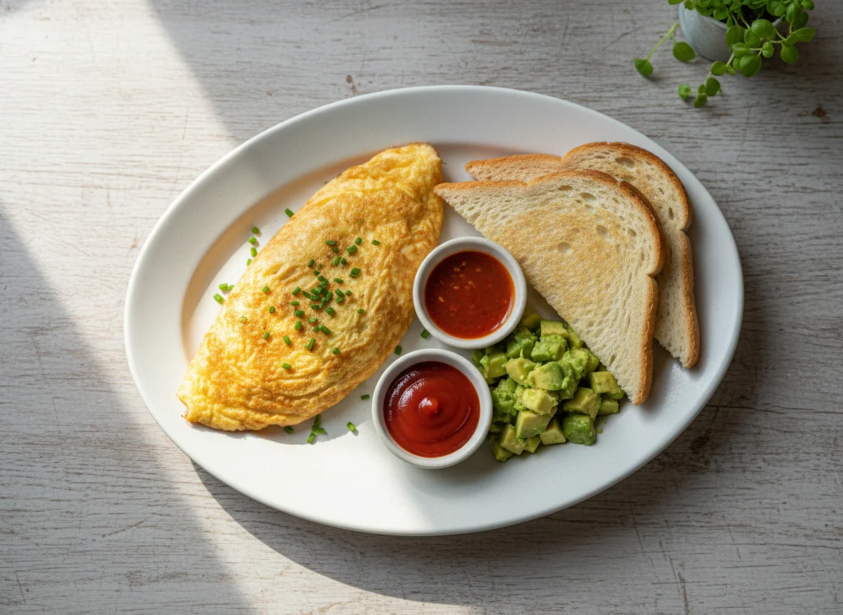 Breakfast Plate with Omelette, Toast, Avocado, and Sauces photo