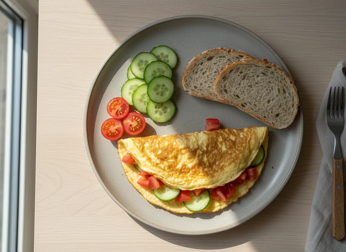 Breakfast Plate with Omelette, Vegetables, and Bread photo