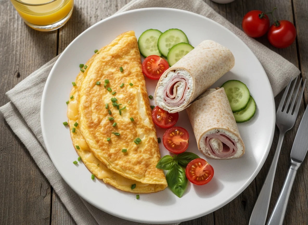 Breakfast plate with omelette, wraps, and vegetables photo