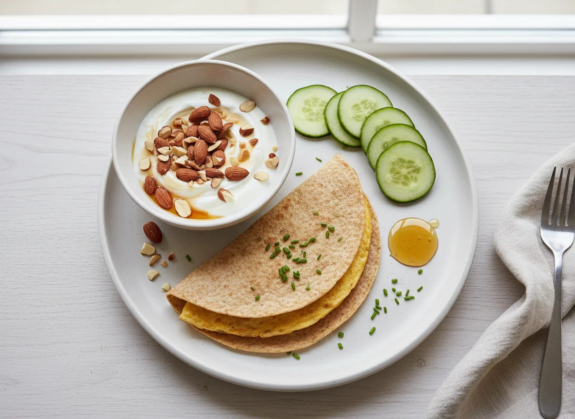 Breakfast Plate with Omelette, Yogurt, and Cucumber photo