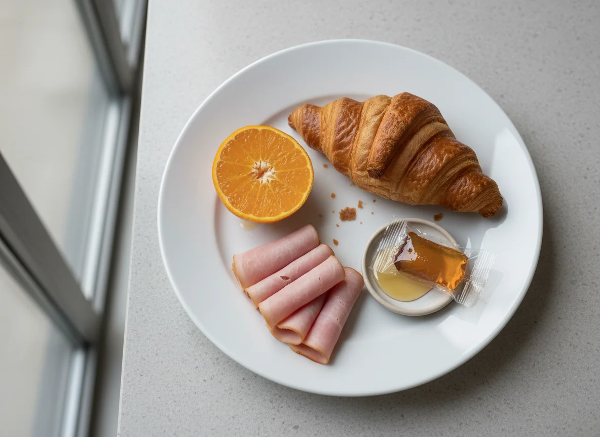 Breakfast plate with orange, croissant, ham, and honey photo