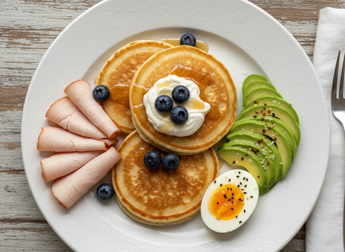 Breakfast Plate with Pancakes, Eggs, and Avocado photo