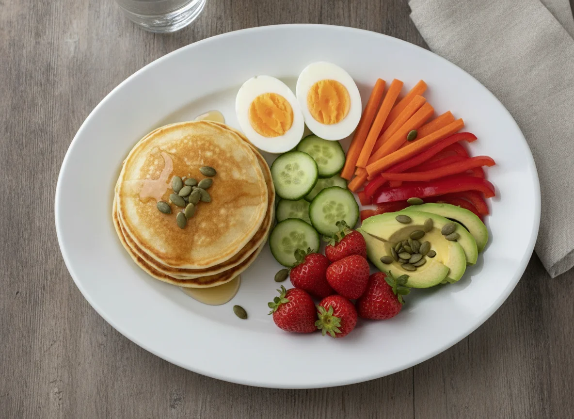 Breakfast plate with pancakes, eggs, and vegetables photo