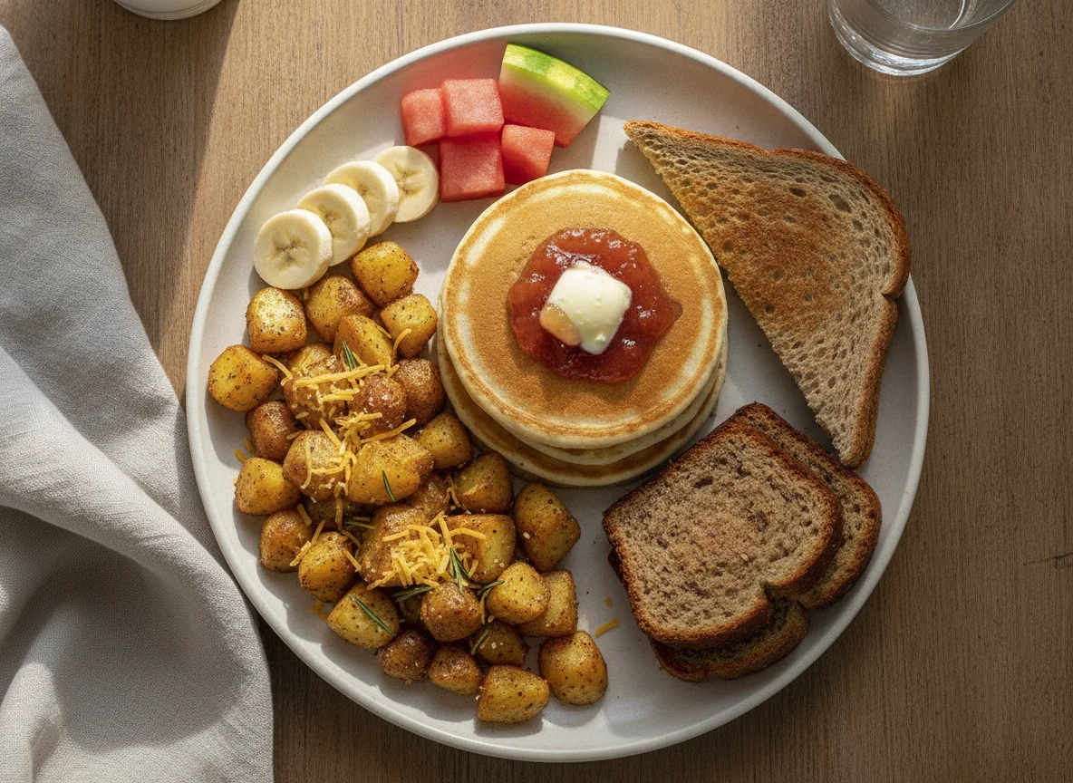 Breakfast Plate with Pancakes, Potatoes, and Toast photo