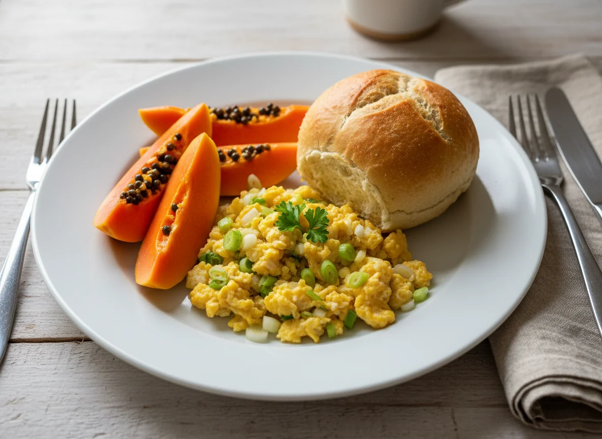 Breakfast Plate with Papaya, Scrambled Eggs, and Bread Roll photo