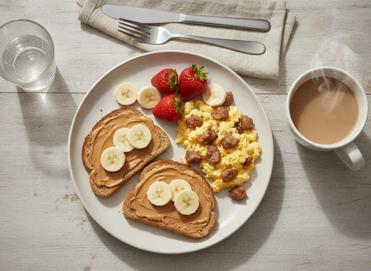 Breakfast plate with peanut butter toast, scrambled eggs with sausage, and fruit photo