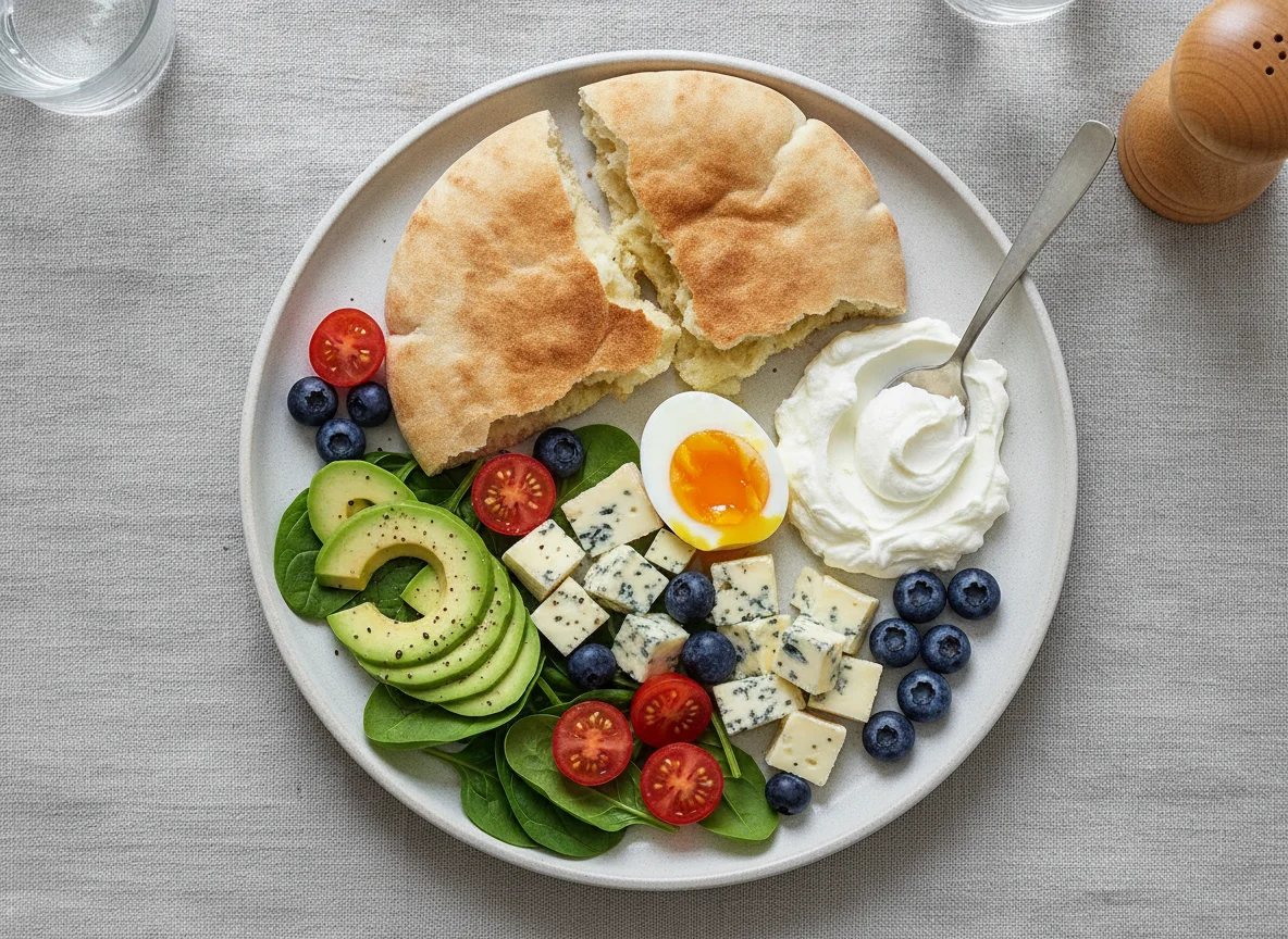 Breakfast plate with pita, egg, avocado, and cheese photo